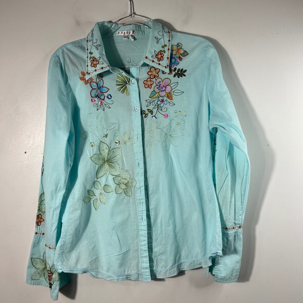 Womens Entity Boho Embroidered Floral Button Shirt Aqua Cotton L Long Sleeve